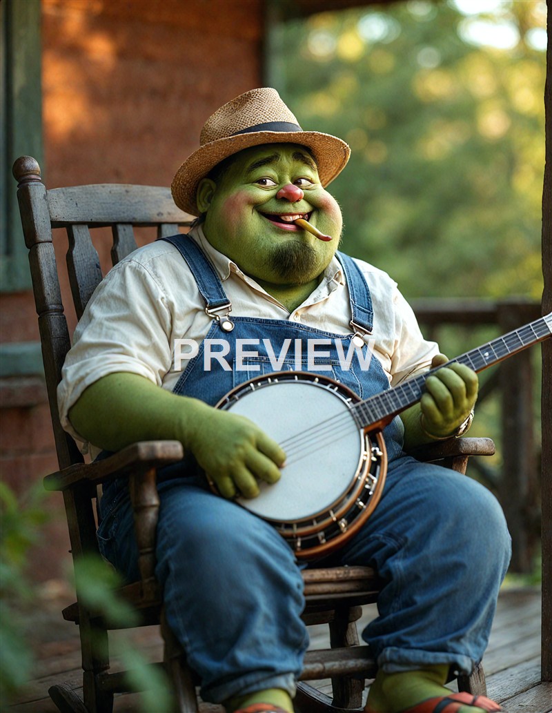 A cheerful, green-skinned creature with a round face, wearing a straw hat and overalls, sitting on a wooden chair outdoors, playing a banjo and smoking a cigar.